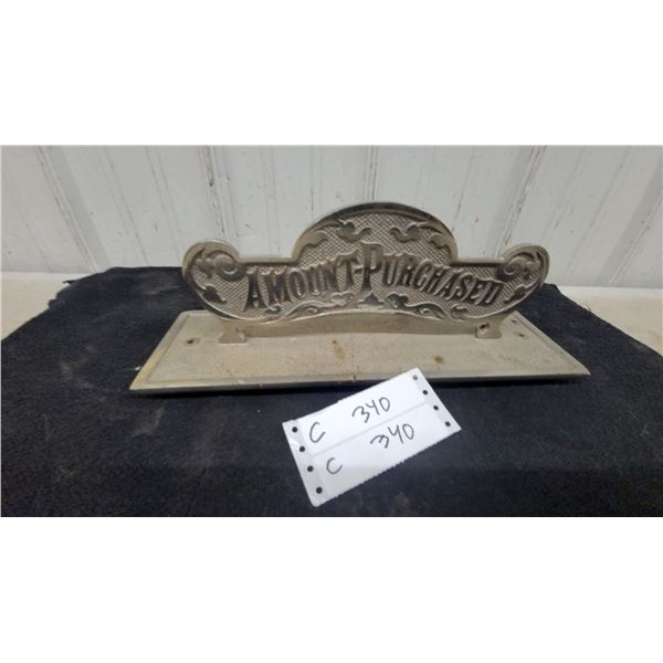 Antique National Cash Register "Amount Purchased" Cast Metal Display Plate Vintage Appox 12" Long
