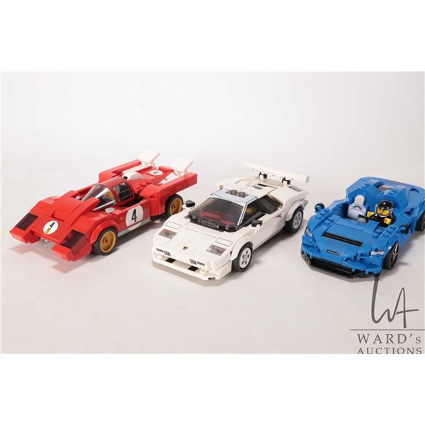 Three Lego- Speed Champions cars including "Lamborghini Coutach" no. 76908, "McLaren Elva" no. 76902