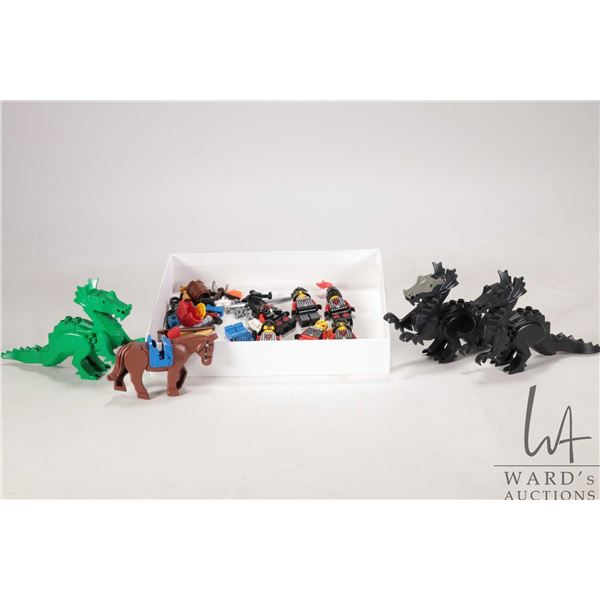 Selection of Lego Castle Minifigures including Dragon Knights, two black dragons, one green dragon e