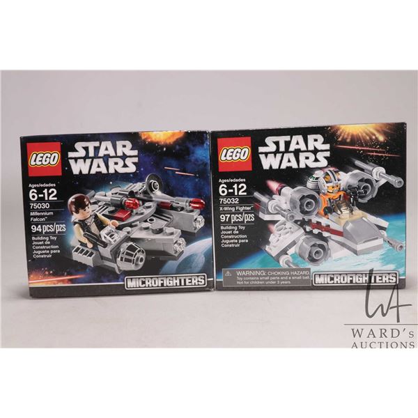 Two Lego- Star Wars building kits including "X-Wing Fighter" no. 75032 and "Millennium Falcon" no. 7