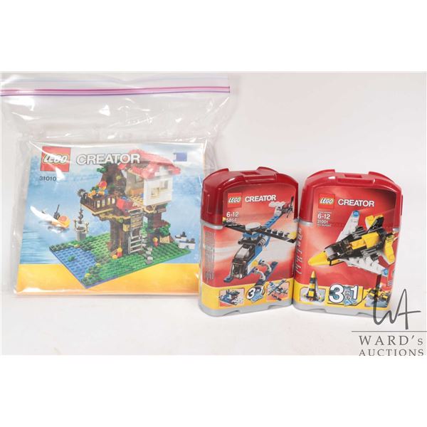 Three Lego-Creator building kits including new in package "Mini Skyflyers" no. 31001, pre-built no. 