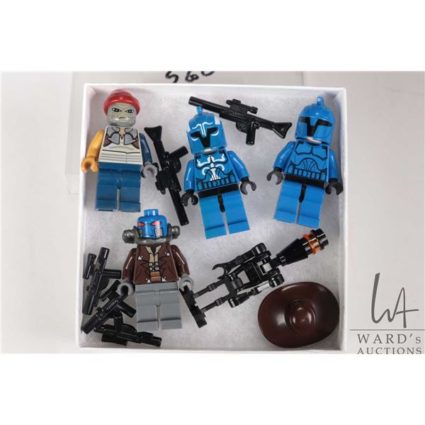 Five Lego Star Wars minifigures including Shahan Alama, Senate Commando, Senate Commando Captain, Ca