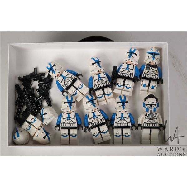 Selection of Lego Star Wars minifigures including six 501st Clone troopers, Captain Rex (missing Clo