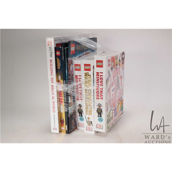 Six hardcover and two soft cover Lego books including 2 X I Love That Minifigure ( one with figure a