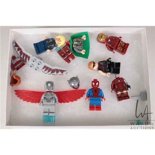 Selection of Lego Marvel Super Heros minifigures Thor, hawkeye, Spiderman, Ironman, Super Adaptoid, 