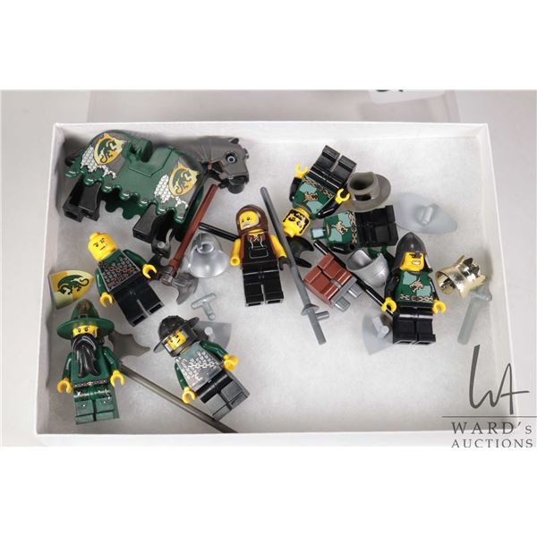 Selection of Lego Kingdoms minifigures including Green Knights, Green Wizard, Horse with Green Armou