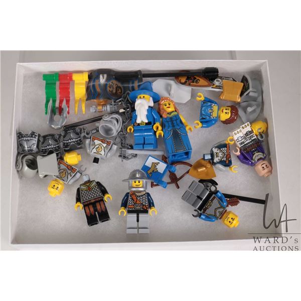 Selection of Lego Kingdoms minifigures including Blue Knights, Blue Wizard with classic hard black c