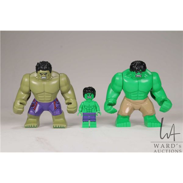Three Lego Marvel Super Heros minifigures including 2 Hulk big figs and Hulk minifigure