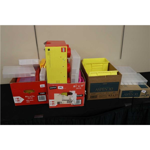 Three boxes containing a large selection of empty Lego plastic containers and clear containers etc.
