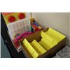 Image 2 : Three boxes containing a large selection of empty Lego plastic containers and clear containers etc.