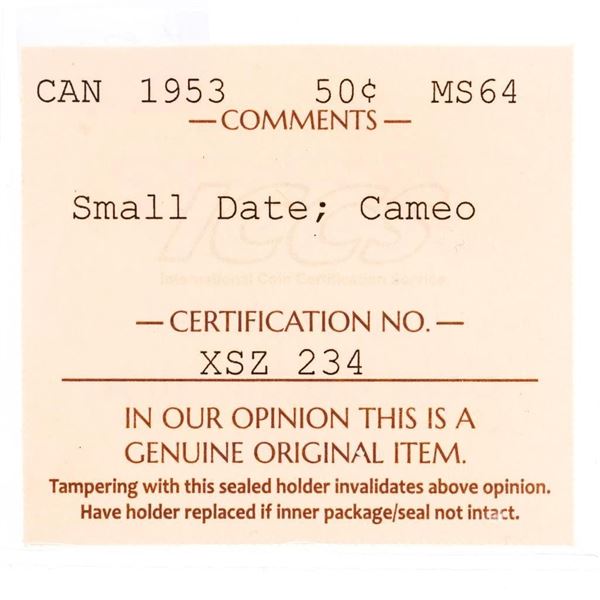 Canada 1953 Silver Fifty cents MS64 Small date Cam