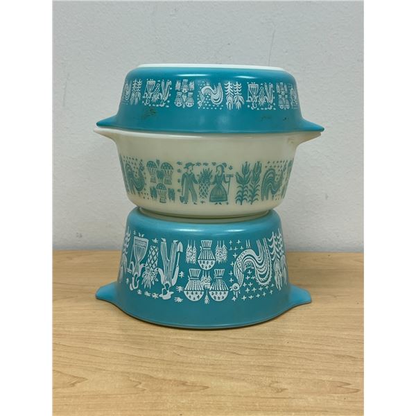 3 Pyrex Amish / Butterprint Round Casseroles (no lids) - largest 1 Qt. - used, see photos