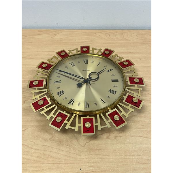 Mid Century Caravelle Brass Battery Op Wall Clock 11" started up with Battery - see photos