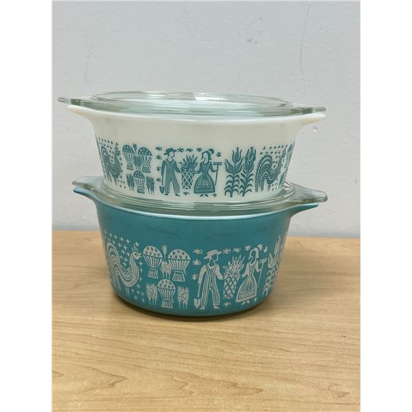 2 Pyrex Amish / Butterprint Round Casseroles & Lids - largest 1 Qt. - used, see photos