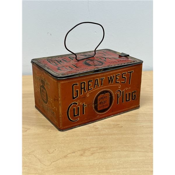 Antique Great West Cut Plug Tobacco Hinged Lid Tin Empire Tobacco 8 x 5.25 & 4.25"T