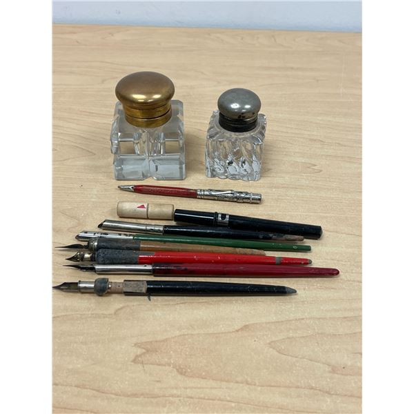2 Vintage Glass Ink Bottles With Several Dip Pens & Similar - see all photos
