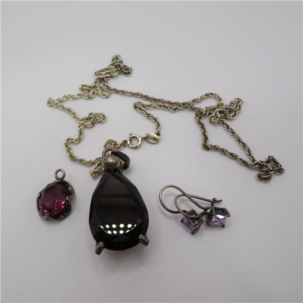 925 24" chain with two purple colored stone pendants & earrings w/ purple stones All marked 925