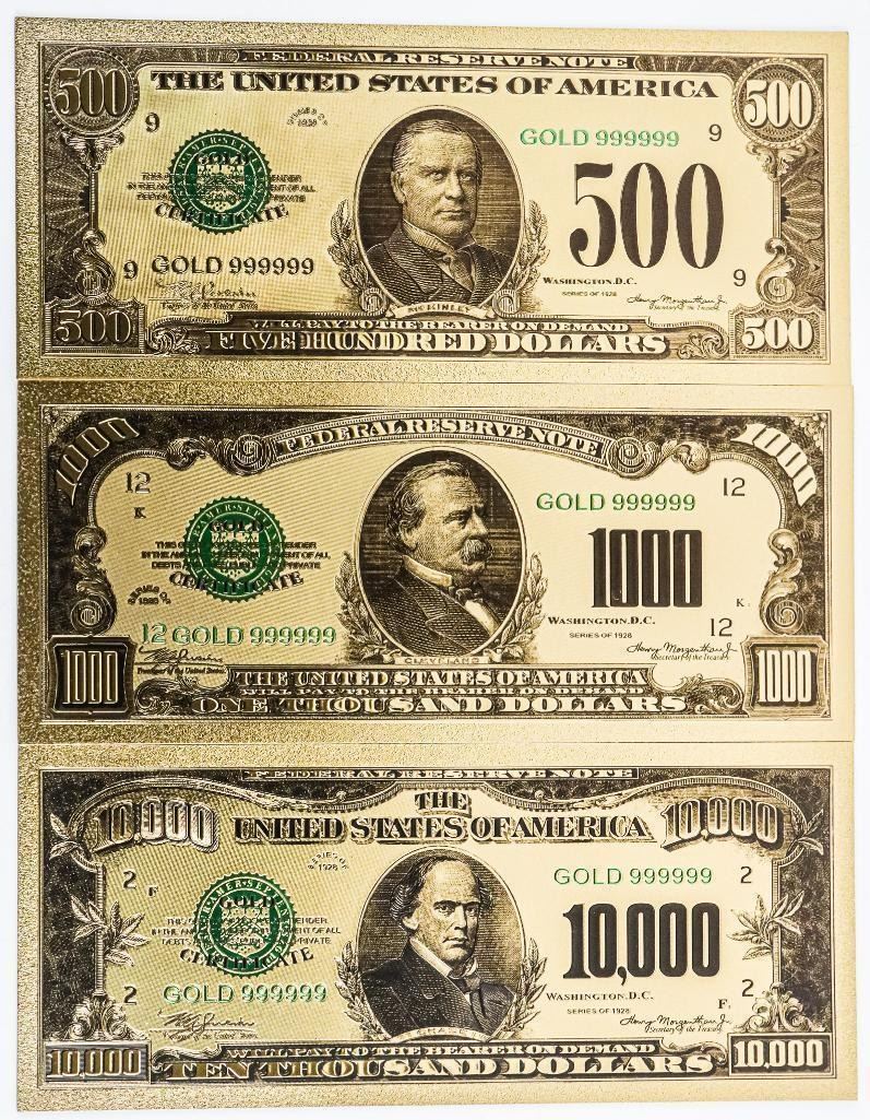 Lot 3 USA 24kt Gold Foil Collector Notes $500,$100