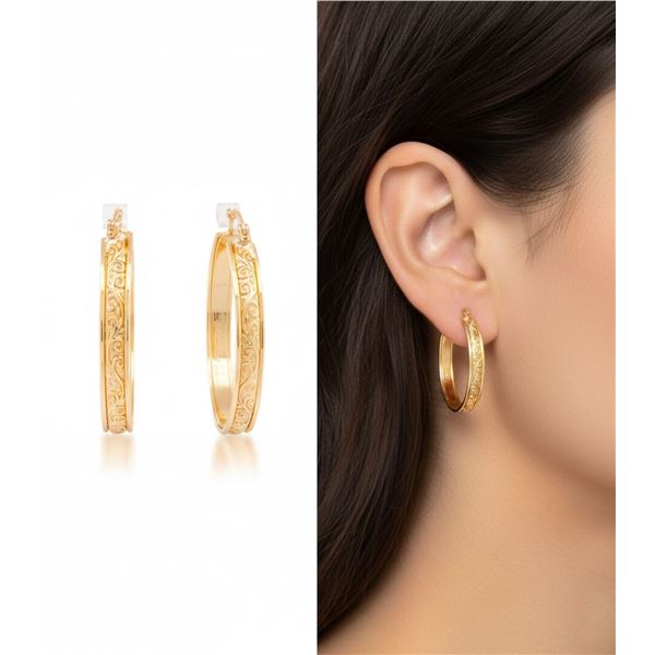 18kt Gold Layered Oro Laminado Large Hoop w/ Etchi