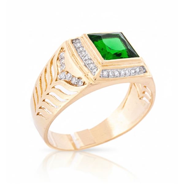 18Kt Gold Oro Laminado Gent's RingBezel Set Emeral
