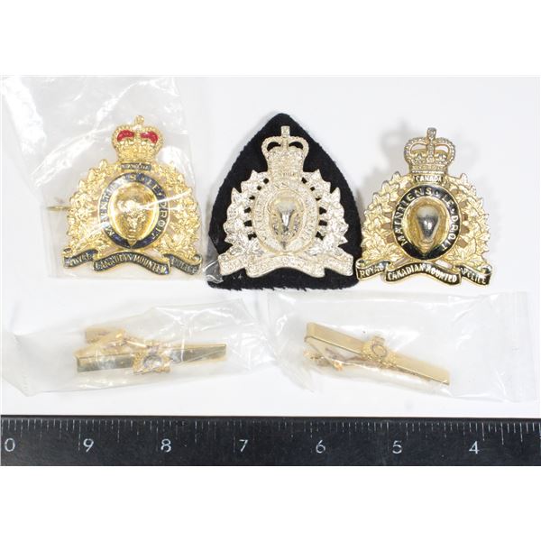 BAG OF VINTAGE AUTHENTIC RCMP CAP BADGES & TIE