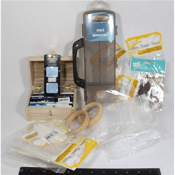 BOX OF CRAFTING ITEMS, BAGS OF WHITE FEATHERS,