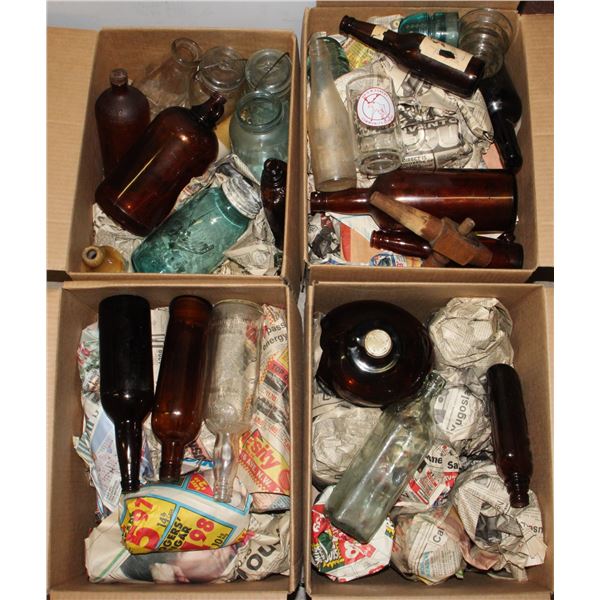 4 LARGE BOXES OF ANTIQUE & VINTAGE GLASS BOTTLES