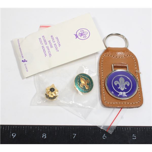 LOT OF SCOUT ITEMS SCOUT PINS, BANDGE ANE KEY RING
