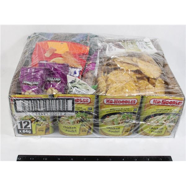 LARGE FLAT OF NUTS, CHIPS, AND MORE