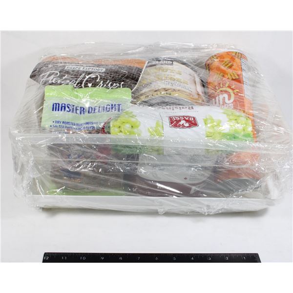 TOTE WITH LID FULL OF NUTS, CHIPS, RAISINS, MORE