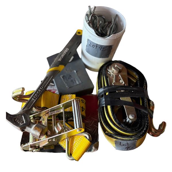 Ratchet straps, drill bits, hammer, container pins