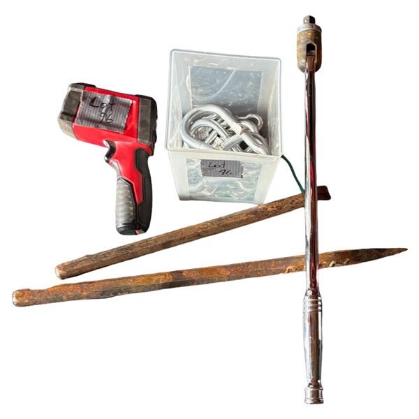 Milwaukee Infrared temp gun, snap hooks, breaker bar, 2 punch bars