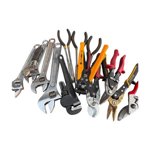 Misc pliers, pipe wrench, crescent wrenches, tin cutters