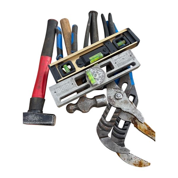 Misc hammers, water pump pliers, 2 levels