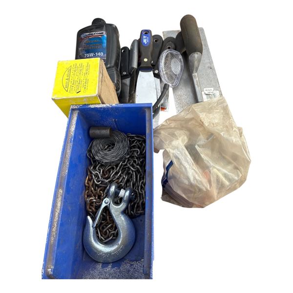 Misc tools, chains, hooks, scrapers, antifreeze tester, gear oil