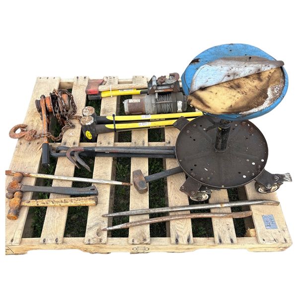Pallet of hammers, 2 NEW sledge hammers, axes, chain hoist, mechanic stool, crow bars