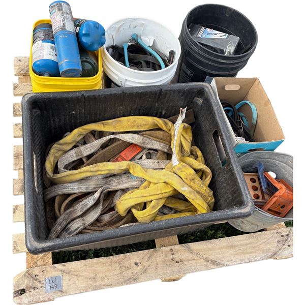 Pallet of tow straps, tarp straps, propane bottles