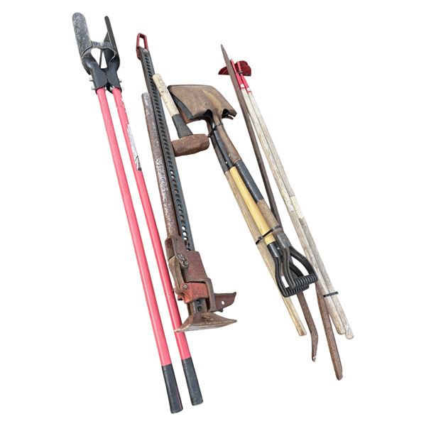 Jackall, shovels, post hole digger, hoe, pry bars