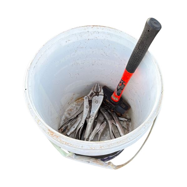 Pail of vise grips with hammer