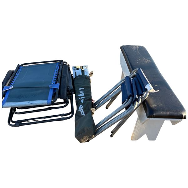 2 patio chairs, Lugger canopy tent, 4 picnic chairs, sitting bench