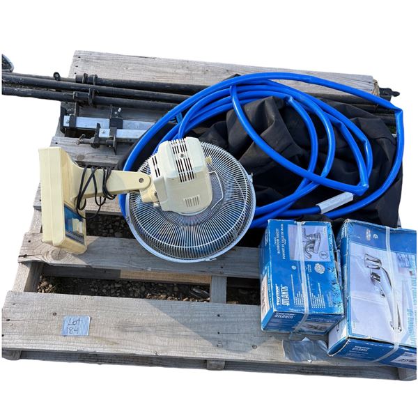 Pallet 2 sink faucets, garden hose, wood clamps, fan