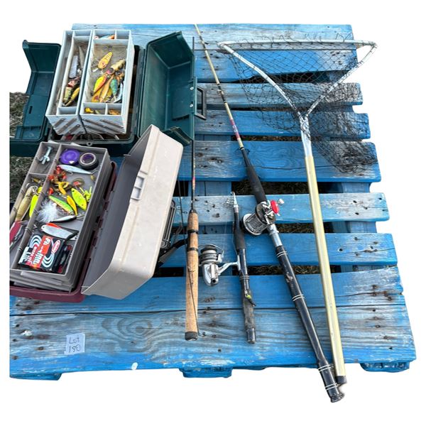 2 tackle boxes full of tackle, 3 fishing rods, net