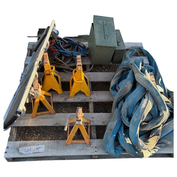 Creeper, 4 jack stands, booster cable, 2 metal boxes, crane sling