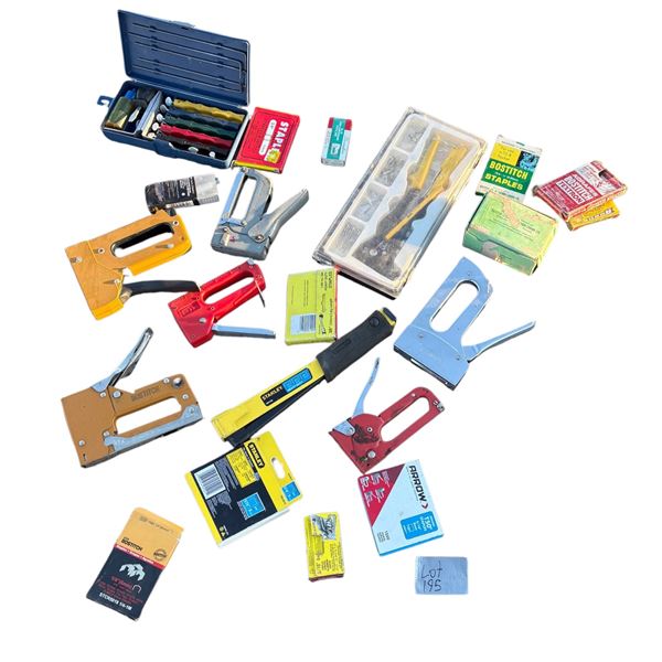 Pallet of staplers and staples, rivet gun