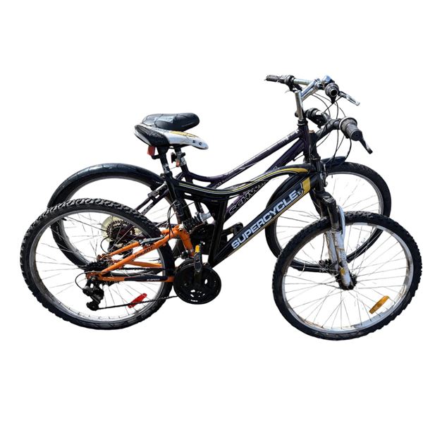 Purple Schwinn and Orange/Black Supercycle bike