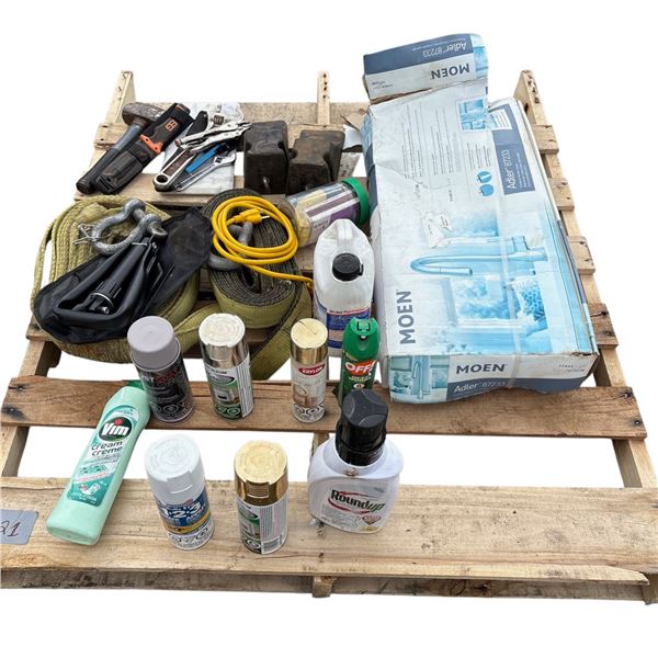 Pallet of Moen Faucet NEW in the box kitchen tap, spray paint, cleaners, tools