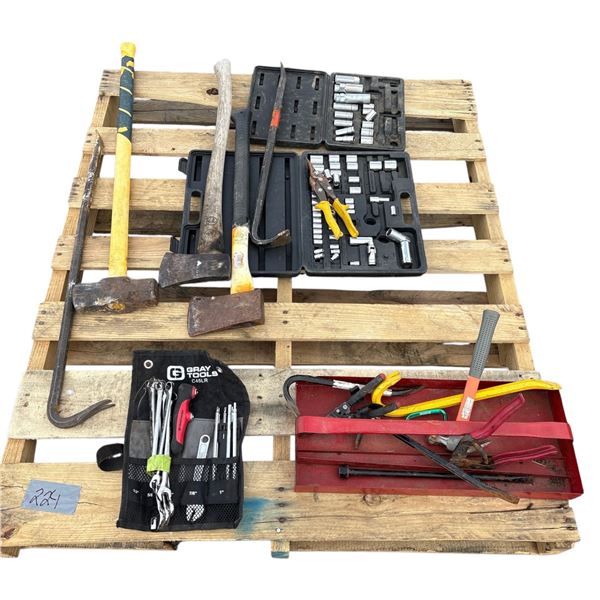 Pallet of sockets, wrenches, sledge hammer, axes