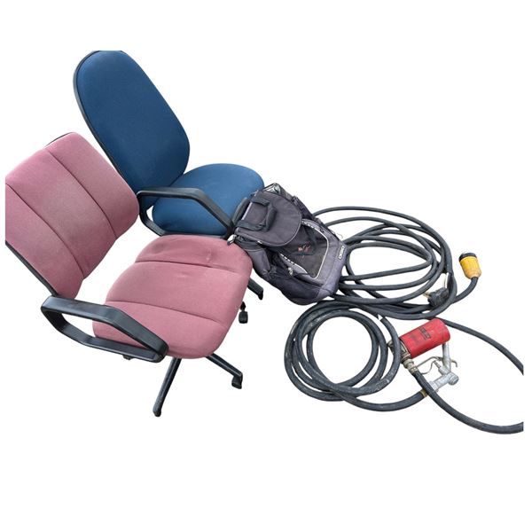 Pallet of 2 office chairs, RV electric cord 40 ft long, gas nozzle, filter, hose