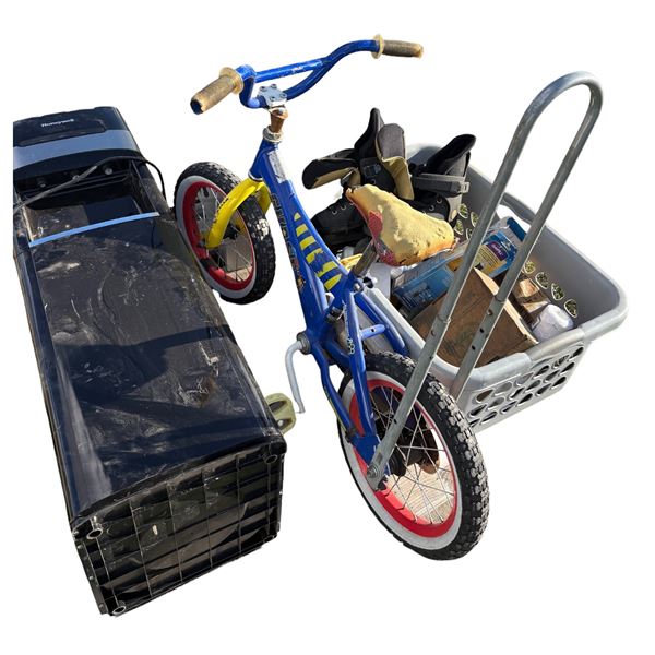 Pallet kids bike, water cooler, skates, clock, file cabinet