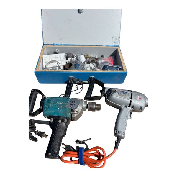 2 drills and wooden tool box misc tools